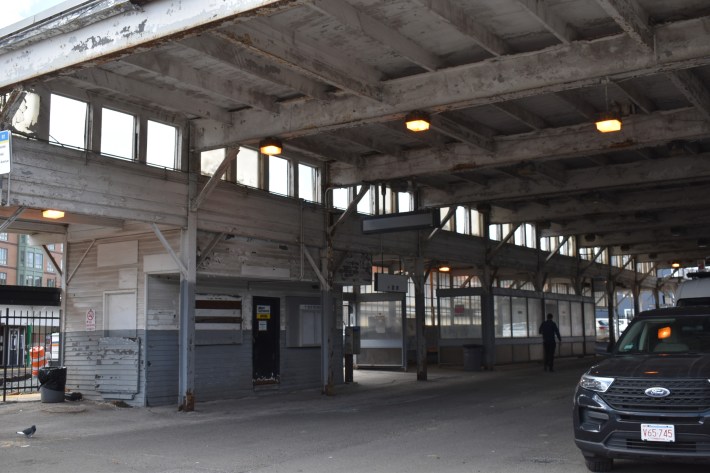 The interior of the now-abandoned old Lechmere bus stop.