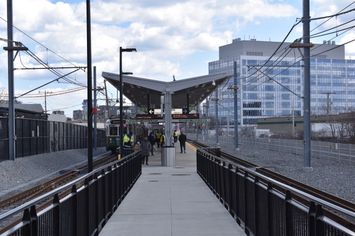 The platform of the new Union Square station, the terminal of the Green Line's new Union Square branch, is surrounded by new transit-oriented development.