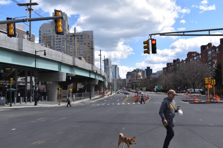 A view along the Green Line's new Lechmere viaduct looking towards downtown Boston.