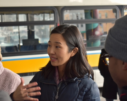 Mayor Michelle Wu celebrating newly fare-free bus routes at Jackson Square
