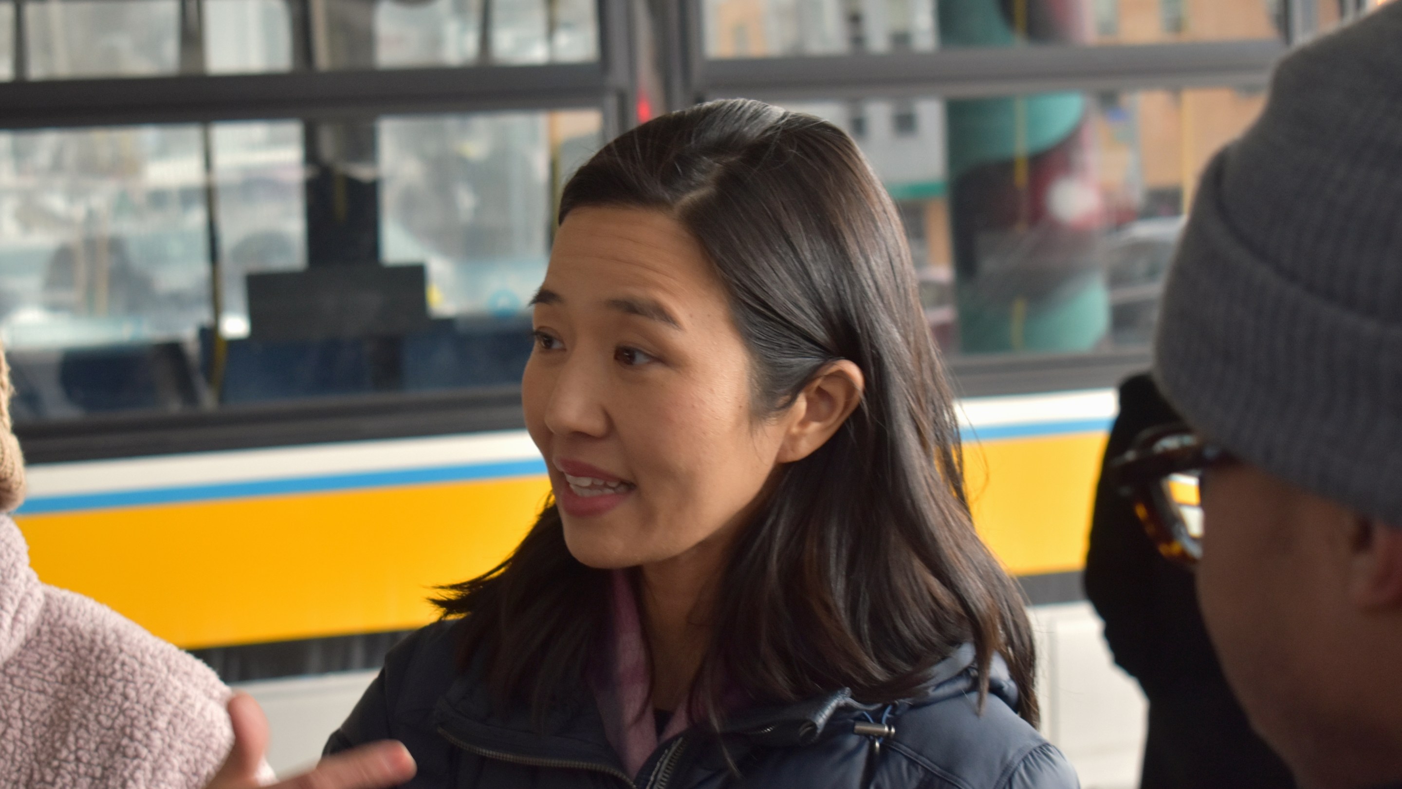 Mayor Michelle Wu celebrating newly fare-free bus routes at Jackson Square