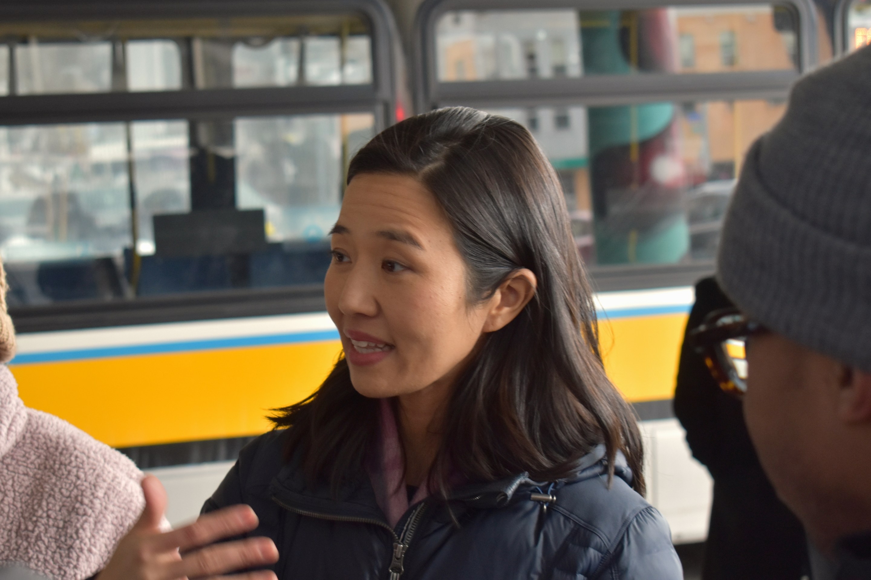 Mayor Michelle Wu celebrating newly fare-free bus routes at Jackson Square