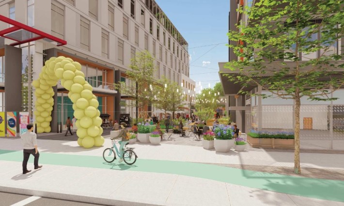 A rendering of Allston's proposed NEXUS lab complex on Western Avenue near Everett Street, showing the project's proposed plaza between two buildings at 250 Western Ave. and a sidewalk-level protected bike lane.