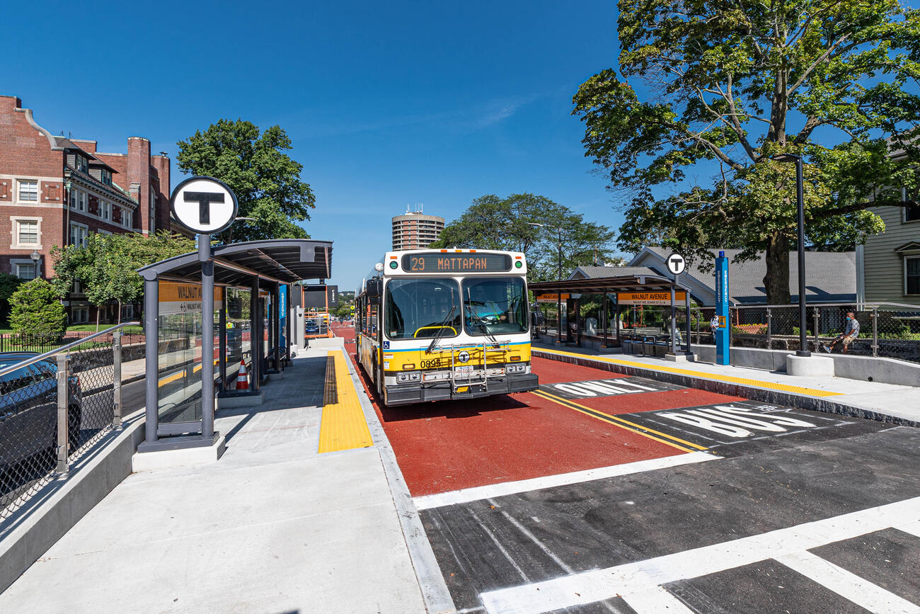 A view of the new Columbus Ave. bus lanes and the new bus platforms at Walnut Avenue.