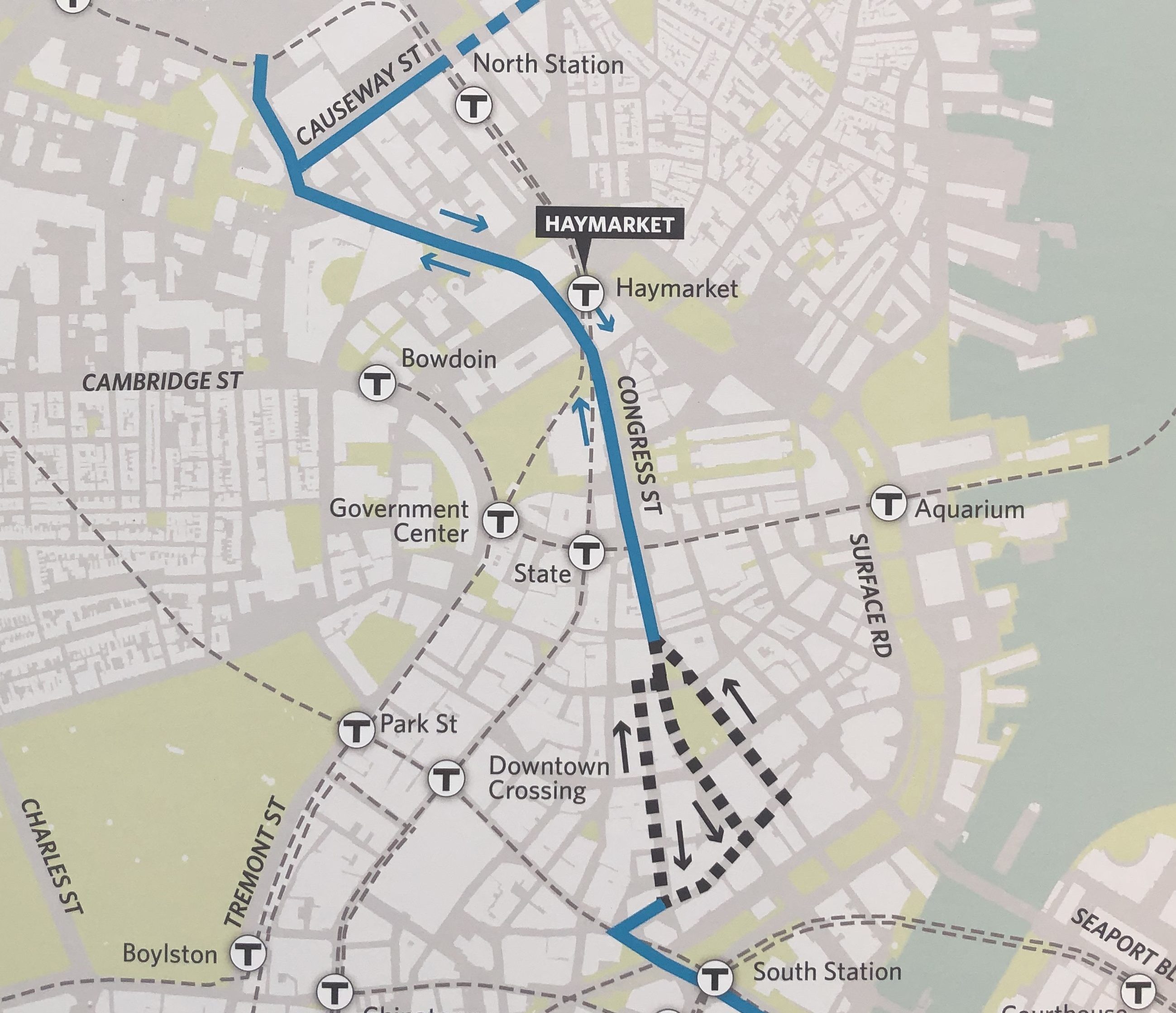 A map of the City of Boston's proposed route for a new "multimodal corridor" between North and South Stations. The route includes Causeway Street in front of North Station, Congress Street between Causeway and Post Office Square, and either Federal, Congress, or Pearl Street (to be determined) to Dewey Square and South Station. From there, the route would continue onto Summer Street into the Seaport.