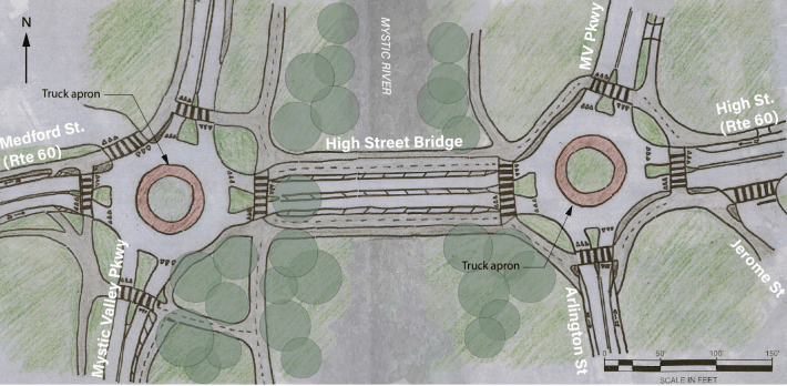 Sketch plan for High Street Bridge traffic calming measures, showing smaller roundabouts on either side of the bridge and new bike paths on the bridge itself.