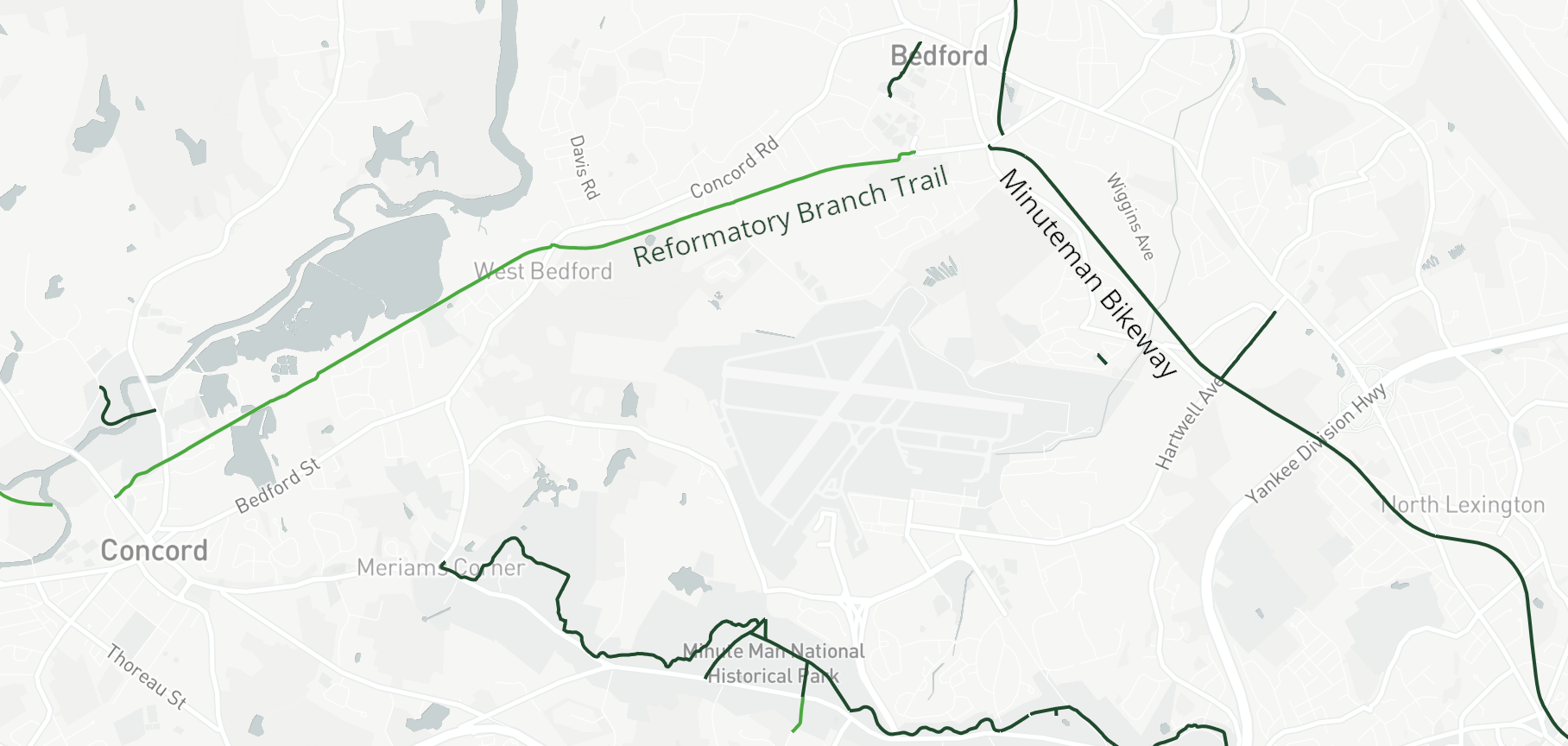 A map of the Minuteman and Reformatory Branch trails in Bedford and Concord. Courtesy of MAPC.