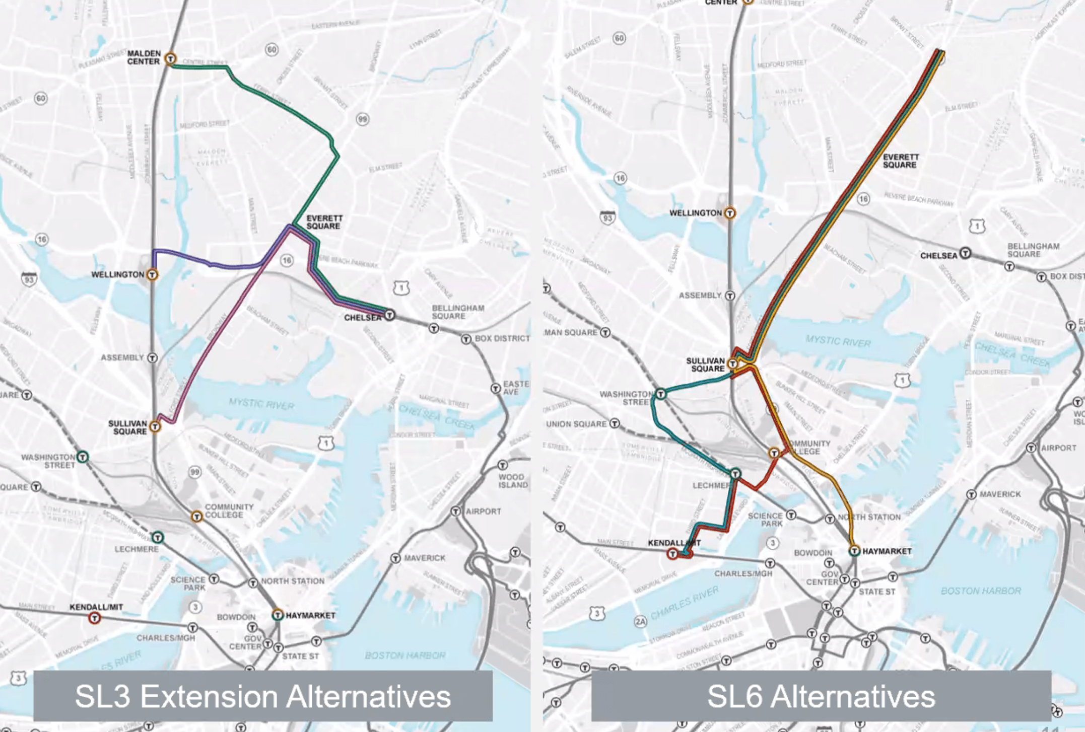 A map of 6 alternatives being analyzed in the MBTA's Silver Line Extension study. On the left, three route options would be extensions of the existing SL3 route , which currently terminates in Chelsea; three other options (right) would be a new Silver Line route - tentatively named "SL6" - from Everett to Kendall Square or downtown Boston.