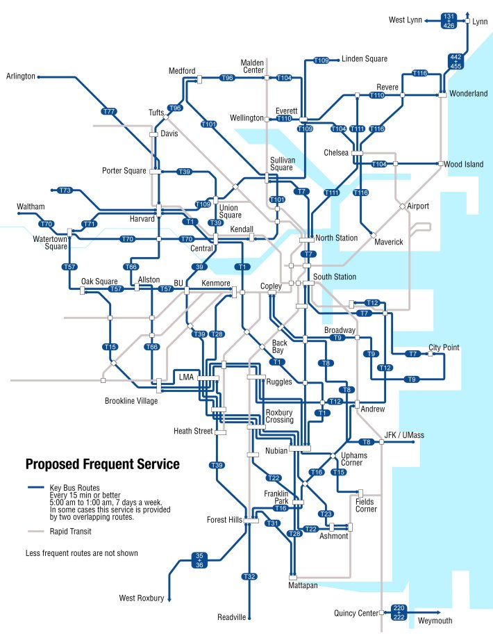 The MBTA's draft map of new "high-frequency" bus routes, which will form the core of service on its new bus network. Courtesy of the MBTA.