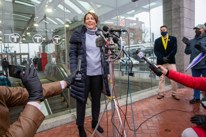 Attorney General Maura Healy speaks at an event launching her campaign for governor outside the Maverick Blue Line station earlier this year.