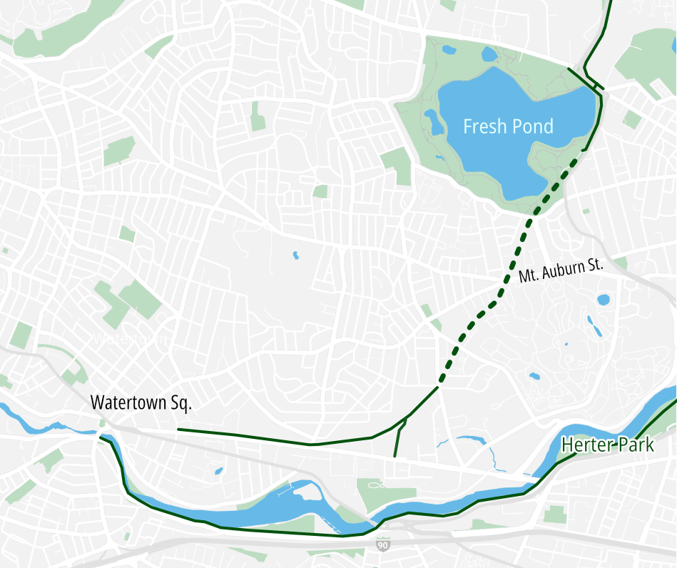 Map of the new Watertown-Cambridge Greenway, which connects to existing trails from Watertown Square to the Alewife area in Cambridge