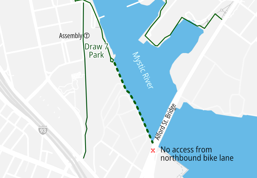 Locator map of the new Charlestown Seawall Trail connecting Boston and Somerville along the Mystic Riverfront