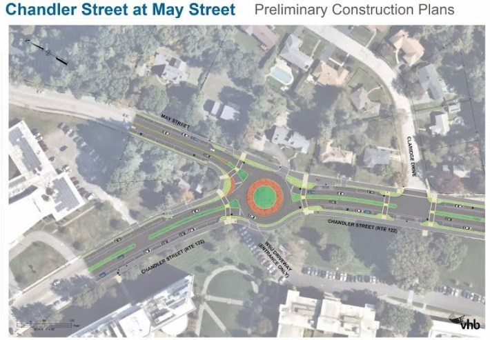 Graphic showing one of roundabouts currently in design to replace the north interseccion at Chandler Street and May Street.