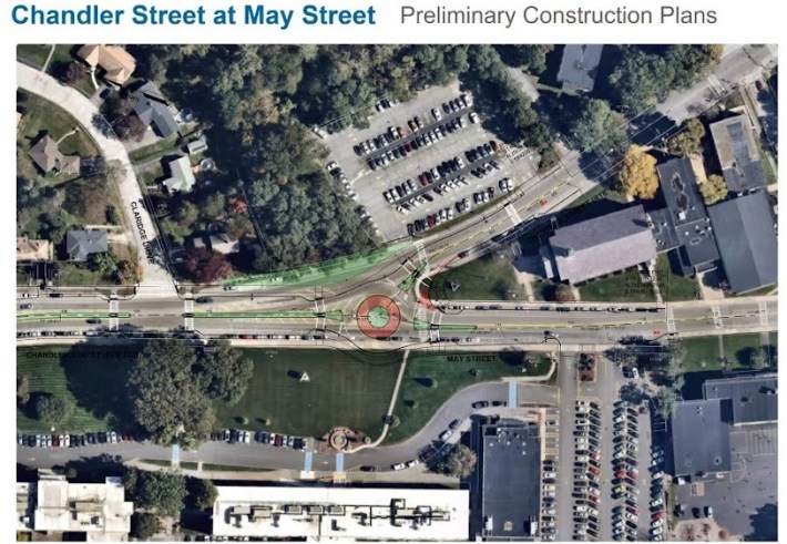 Graphic showing the roundabout currently in design to replace the south intersection of Chandler Street and May Street.