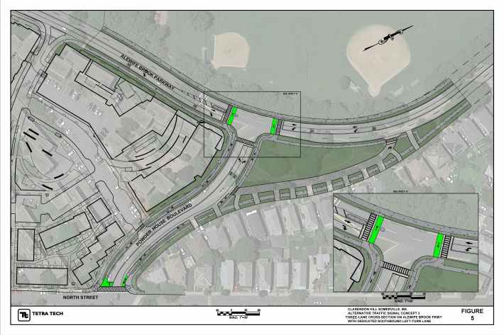 Concept plan for the Alewife Brook Parkway-Powder House Boulevard intersection, which will be converted to a signalized "T" intersection. The project will also reduce the width of Alewife Brook Parkway from 4 to 3 lanes and add new crosswalks at the new intersection, and create a wedge of newly-accessible parkland in the area that is currently a traffic circle.