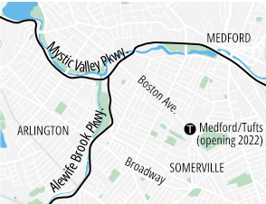 Locator map for Alewife Brook Parkway (which runs roughly north-south between the Alewife T station and the Mystic River alongside Alewife Brook) and the Mystic Valley Parkway (which runs roughly west-east alongside the Mystic River from Arlington to downtown Medford)