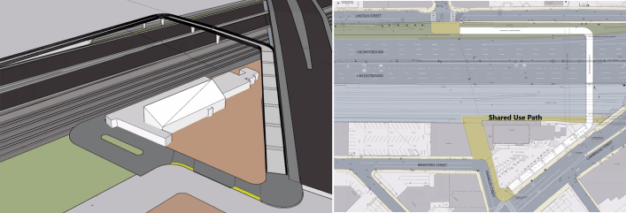 A rendering of a bridge next to a plan view. This "ramp" design, referred to as Option 1, would feature a long ramp parallel to Cambridge Street next to the old Regina Pizzaria building, then would turn north to cross above I-90, then turn at a right angle west to descend via another ramp to the intersection of Lincoln and Franklin Street.