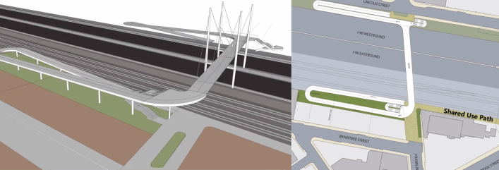 A rendering of a bridge next to a plan view. This "single loop" design, referred to as Option 2, would install two hairpin-turn ramps, paired with staircases, on either side of the Turnpike to carry bike and pedestrian traffic from the street level up to the elevated bridge, which would follow the historic path of Franklin Street. The rendering shows the bridge itself suspended from cables anchored to two pairs of high piers that rise above the bridge deck and are anchored on either side of Interstate 90’s eastbound lanes.