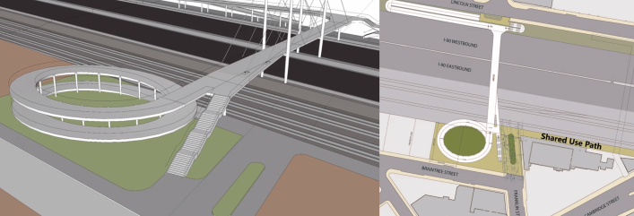 A rendering of a bridge next to a plan view. This "spiral" design, referred to as Option 4, would install a hairpin-turn ramp and staircase on the north side of the Turnpike, between Lincoln Street and the westbound Turnpike lanes, and a circular spiral ramp paired with a staircase on the south side, to carry bike and pedestrian traffic from the street level up to the elevated bridge. The bridge itself which would follow the historic path of Franklin Street across the Turnpike. The rendering shows the bridge itself suspended from cables anchored to two pairs of high piers that rise above the bridge deck and are anchored on either side of Interstate 90’s eastbound lanes.
