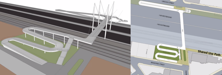 A rendering of a bridge next to a plan view. This "zigzag" design, referred to as Option 3, would install a hairpin-turn ramp and staircase on the north side of the Turnpike, between Lincoln Street and the westbound Turnpike lanes, and a more meandering ramp with three gentler hairpin turns paired with a staircase on the south side, to carry bike and pedestrian traffic from the street level up to the elevated bridge. The bridge itself which would follow the historic path of Franklin Street across the Turnpike. The rendering shows the bridge itself suspended from cables anchored to two pairs of high piers that rise above the bridge deck and are anchored on either side of Interstate 90’s eastbound lanes.
