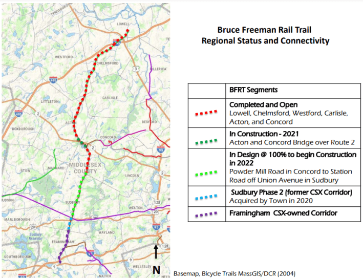 Bruce Freeman Rail Trail map showing the status of each of the project segments from Framingham to Lowell.
