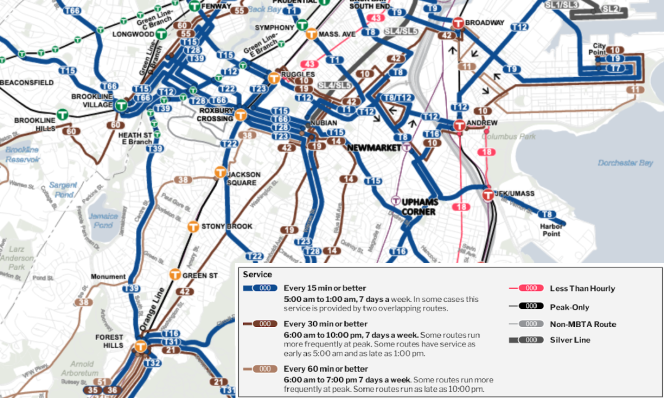 Un detalle del mapa de la nueva red de autobús que propone la MBTA, mostrando las nuevas rutas propuestas que conectarian a Roxbury y Dorchester a trabajos de Longwood Medical Area (esquina izquierda). Cortesía de la MBTA.