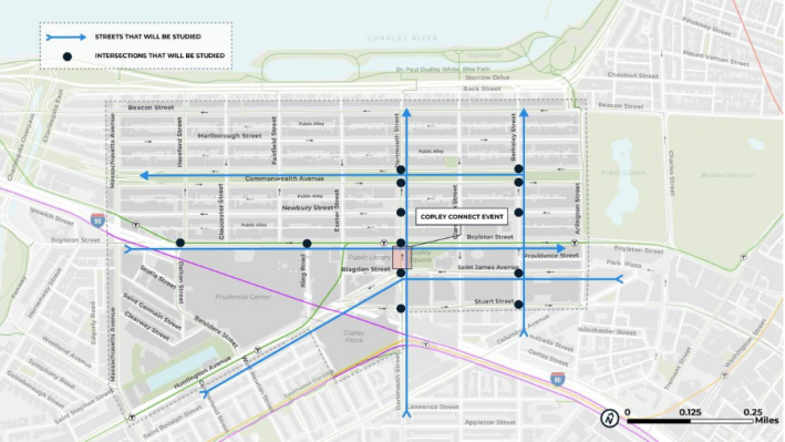 Graphic showing which streets and intersections will be studied as part of the Copley Connect pilot. Courtesy of the City of Boston.