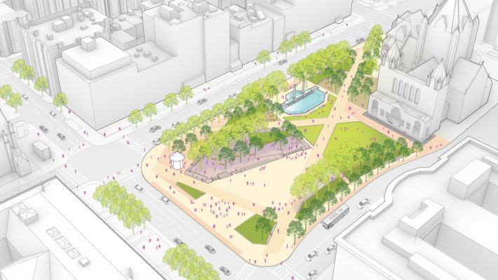 A bird's-eye illustration of the City of Boston's planned design for Copley Square. A large paved plaza for events and gatherings dominates the western end of the park along Dartmouth Street, while a new grove of trees would provide shade near Boylston Street and the existing fountain, which would remain. A smaller grass lawn would front the entrance of Trinity Church on the southeastern corner of the plaza.