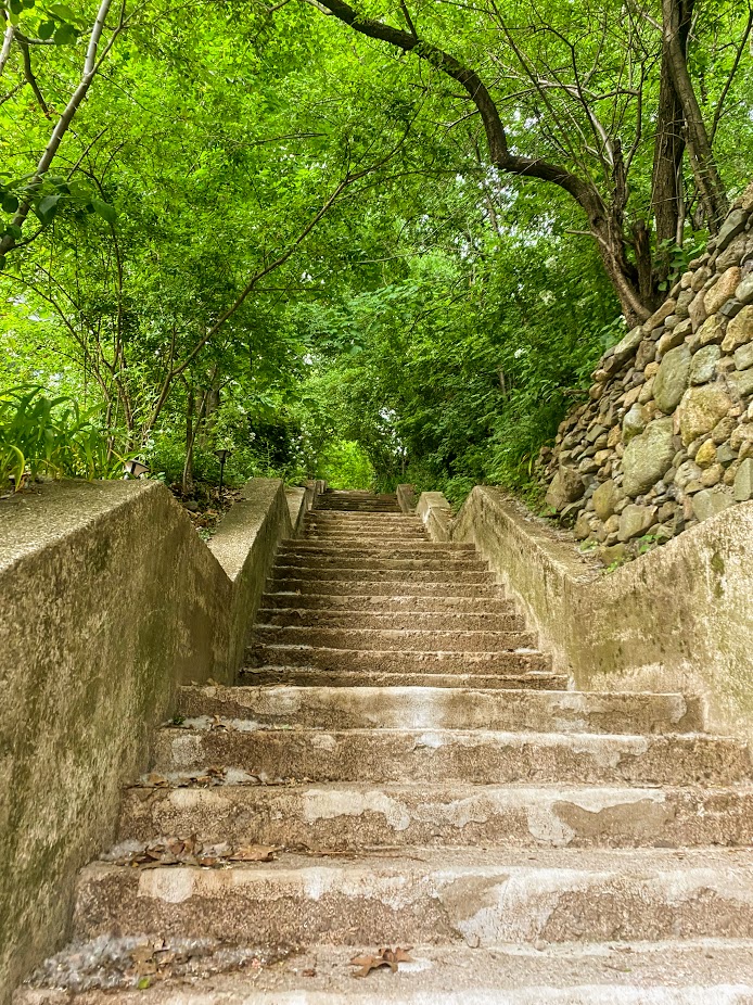 stone stairway sandwiched in between two homes, leading the way up to McLaughlin Playground Path in Mission Hill