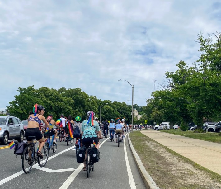 crowd of bicyclists on William J Day Blvd along Carson Beach.
