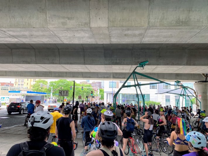 The crowd filled the underpass next to Ink Block as everyone waited for the rest of the group on Fourth Street to make it across.