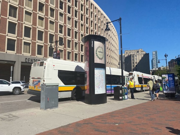 Buses parked outside Government Center; the first three were out of service.