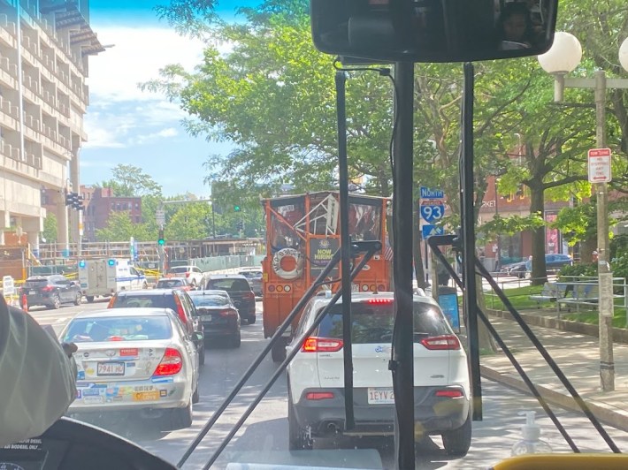 View from the front window of the bus shuttle from Lechmere to Government Center. Without dedicated bus lanes or even cones to create temporary lanes along the shuttle routes, our bus kept getting stuck in traffic.