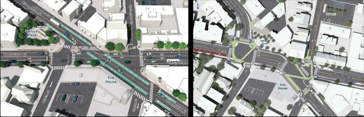 A comparison of Inman Square's intersection before (left) and after (right) a reconstruction project that's expected to be complete later this year. Images courtesy of the City of Cambridge.