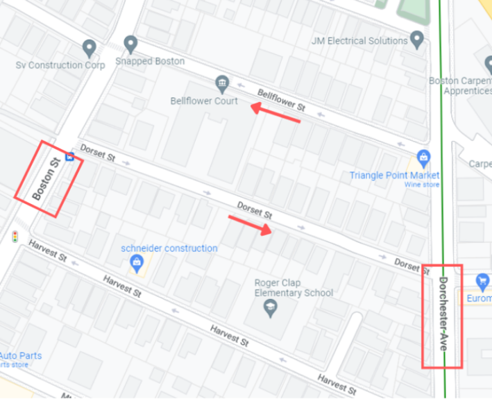 A detailed close-up of detour routes around the Dorchester Ave. bridge closure planned for mid-June through the end of August. Bikes and pedestrians are being instructed to use Boston Avenue, which runs one block west of Dorchester Ave. People riding bikes north towards Andrew Square should use Bellflower Street, which runs one-way from Dorchester Ave. to Boston St.; people riding south from Andrew to Dorchester will use Dorset St., which runs in the opposite direction from Boston St. to Dot Ave.