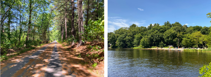 Left photo shows a glimpse of the Bruce Freeman Rail Trail just north of Nara Park (right photo), a lakeside park with a beach accessible from the trail.