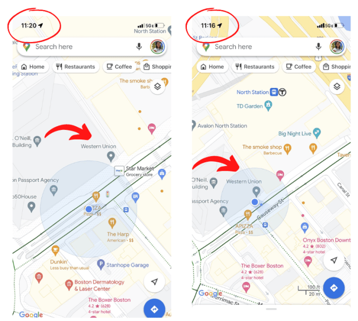 Screenshots showing the distance our shuttle bus covered in the span of four minutes - just a few feet. The arrow points to the Western Union for reference.