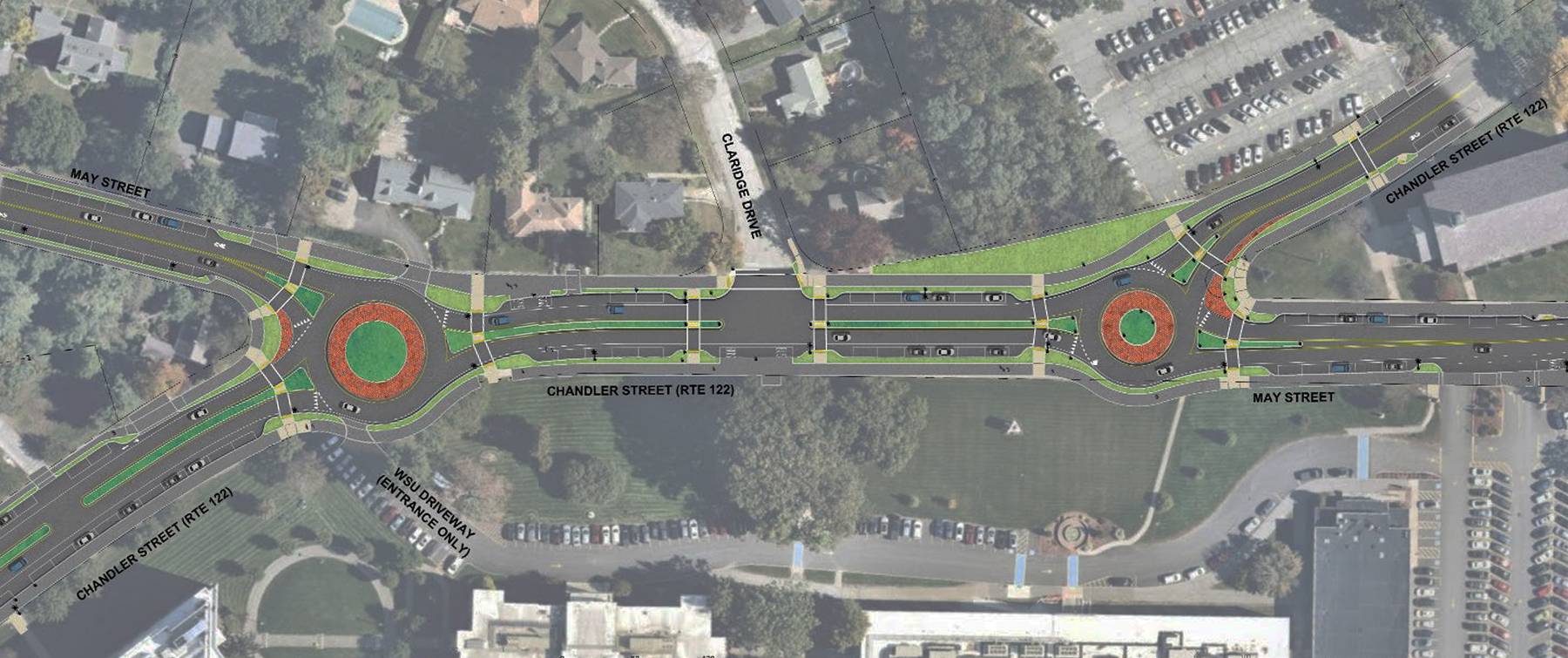 A rendering of two new roundabouts overlaid on an aerial image of the intersections of Chandler Street and May Street in Worcester. Two "Y"-shaped intersections where the two streets converge would be converted into a pair of roundabouts, with two wide shared-use pathways around the edges of and between the new roundabouts.