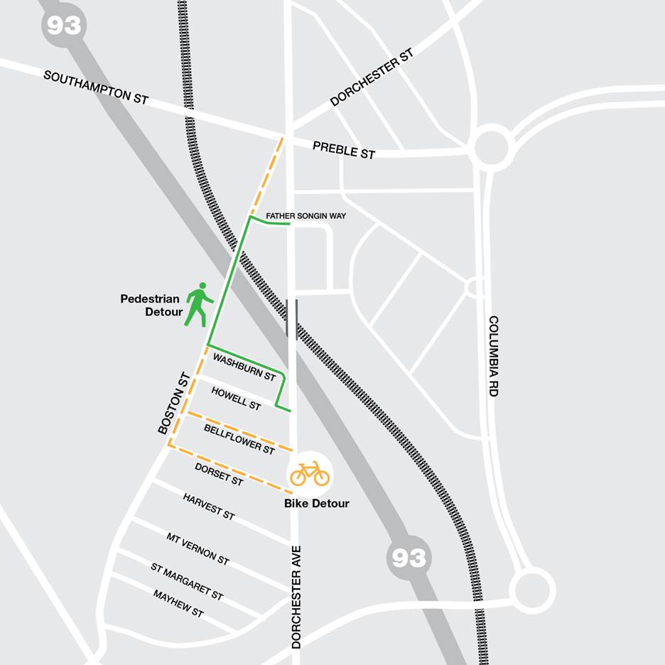 Map of detour routes around the Dorchester Ave. bridge closure. As of July 2023, the bridge has been re-opened to foot traffic, while vehicles are still using the Boston Street detour route.