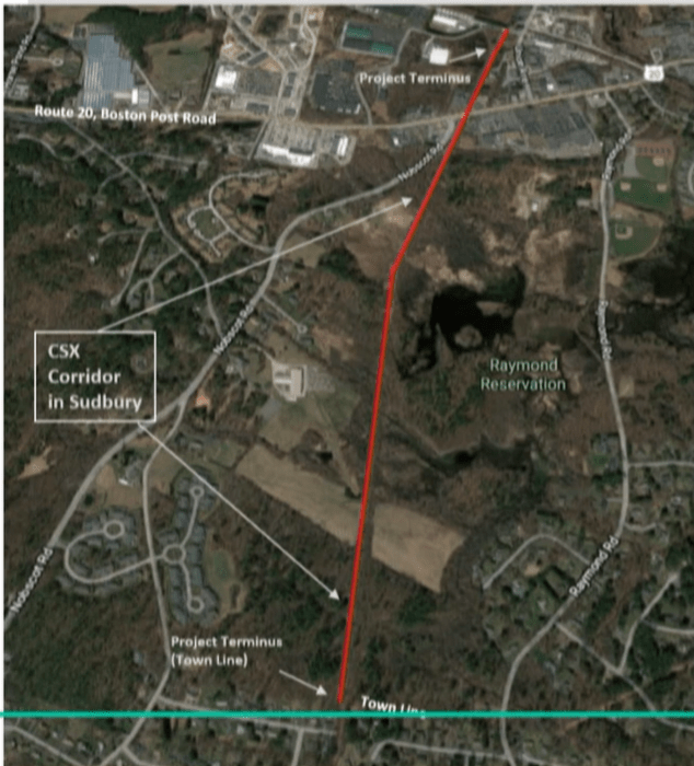 Map showing the scope area of the trail extension from the terminus of Phase 2D, Station Road and Union Avenue in Sudbury, across Route 20/Boston Post Road to the Framingham town line.