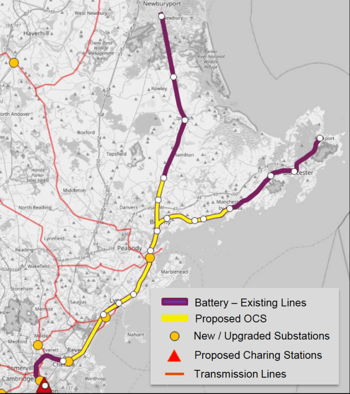 A map of the MBTA's Newburyport and Rockport lines, showing portions that would be powered by overhead wire (a yellow line running from Chelsea and onto each branch just north of Beverly) and portions that would run on battery power (from Manchester By the Sea to Rockport on the Rockport branch, and from Wenham to Newburyport on the Newburyport branch)