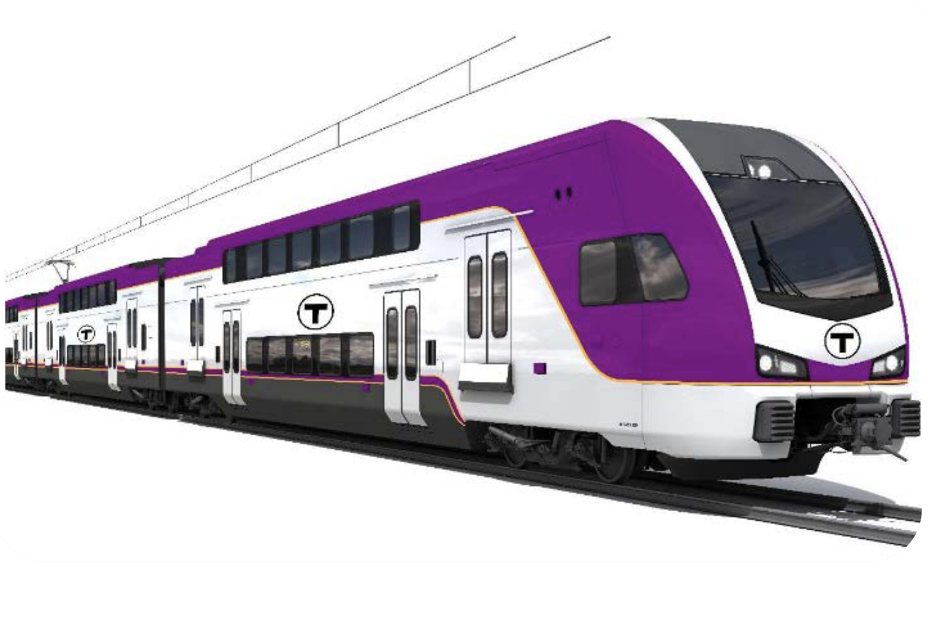 A rendering of a purple and white train running under catenary wires with the MBTA logo.