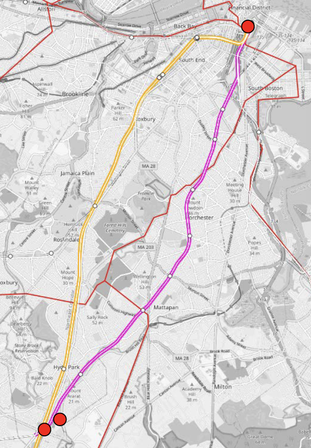 A map illustrating the T’s conceptual “discontinuous electrification” plan for the Fairmount Line in Boston. Trains would primarily run on battery power, then recharge on under existing catenary wires near South Station (in yellow) and at new station-based chargers at South Station and Readville station at either end of the line.