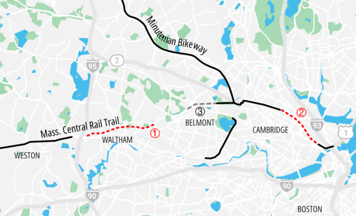 A map of the Mass. Central Rail Trail corridor from Weston to Boston, showing the connecting rail-trails like the Alewife-Watertown Greenway and the Minuteman Commuter Bikeway. Two projects, illustrated as red-dashed lines, will fill in major gaps in the east-west Mass. Central Rail Trail corridor between Waltham and Charlestown in Boston.