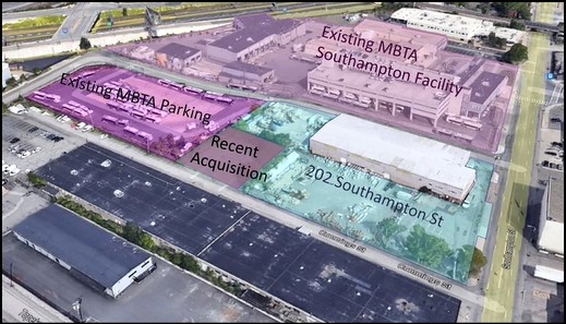 Aerial view of MBTA Southampton bus garage near I-93, highlighting in blue the 2-acre parcel at 202 Southampton Street, currently the site of a warehouse next to an MBTA parking lot.