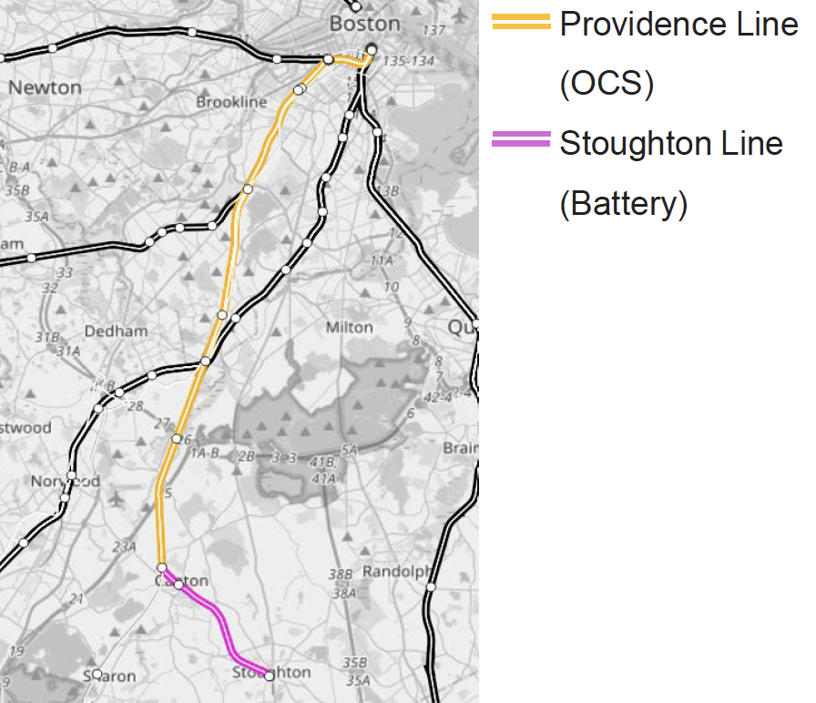 Map showing the portion of the Stoughton Line that would be powered by an Overhead Catenary System (OCS) versus batteries that would charge while running on the OCS portion. 