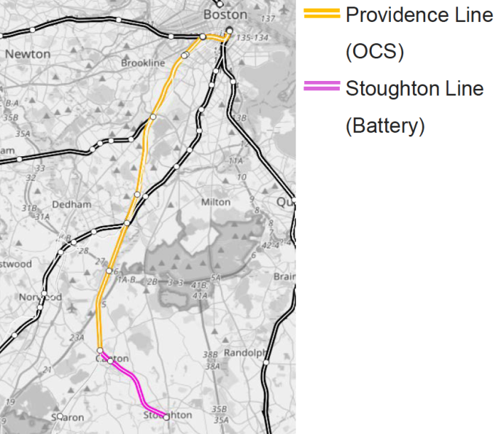Map showing the portion of the Stoughton Line that would be powered by an Overhead Catenary System (OCS) versus batteries that would charge while running on the OCS portion.