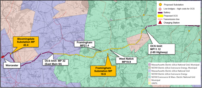 Map showing the mix of power sources for the Worcester Line under the Discontinuous Electrification proposal. Courtesy of the MBTA.