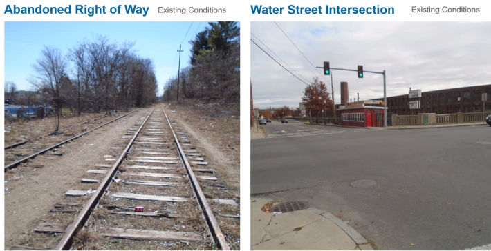 The left image shows the presence of train tracks and litter on a stretch of the corridor. The right image shows the inadequate state of pedestrian infrastructure including lack of crosswalks and non accessible ramps at the Water Street intersection near the southern portion of the project. Courtesy of MassDOT.