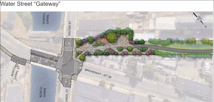 A rendering of the “Gateway”, a main access point, will feature landscaped areas and amenities for path users. Courtesy of MassDOT.